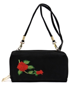 Embroidered Flower Double Zip Around Crossbody Wallet AD040E BLACK